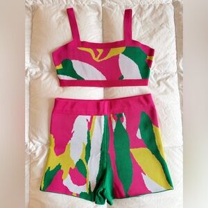 Colorful Knit Two-Piece Set Abstract Print Crop Top & Shorts Size S